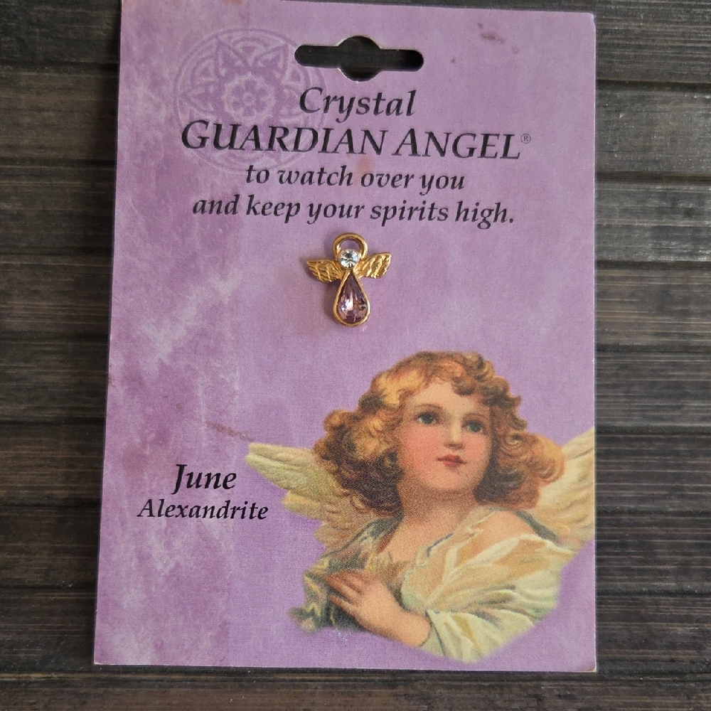 Vinyage 1996 Gold Plate Crystal Pin Broach Guardian Angel Birthstone June